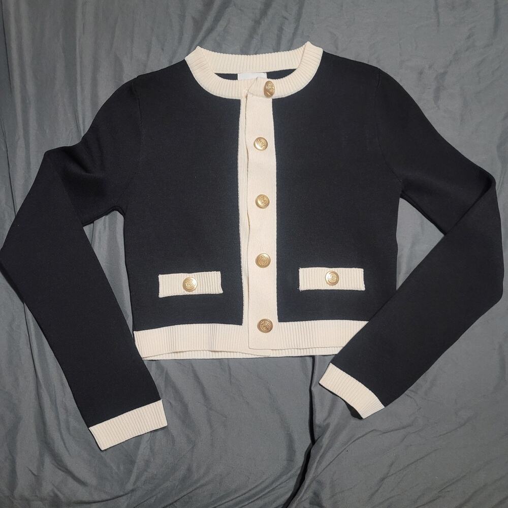 H&M Fine Knit Cardigan Navy Blue/Creme Size XSMALL